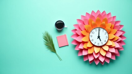 A creative floral clock with artistic writing tools and a small cup of coffee on a teal background
