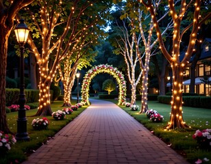 Enchanting Nighttime Park Pathway with Floral Archway