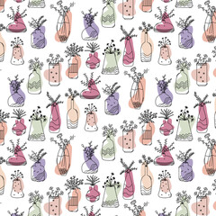 abstract floral and pot aesthetic doodle hand drawn seamless pattern