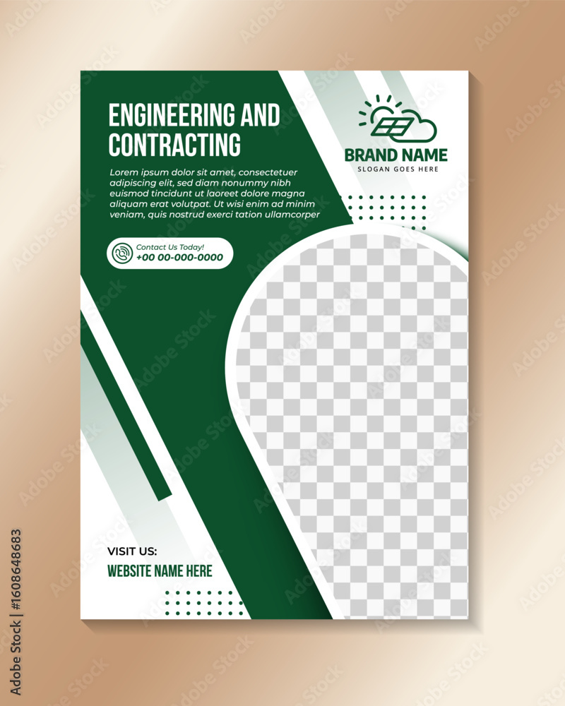 Poster a4 vector business engineering and construction flyer design template. green shape element isolated 