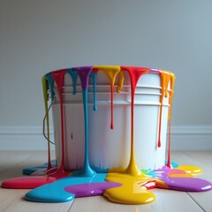 Vibrant rainbow paint drips overflowing from a white bucket onto a wooden floor