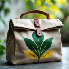 Stylish canvas lunch bag with a vibrant green and yellow leaf design and leather strap detail