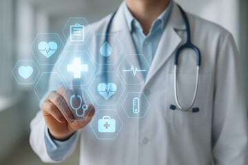 Healthcare provider operating digital health interface, secure, efficient, and modern approach to health information management. medical app, healthcare system, secure data, and doctor office.
