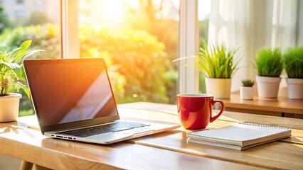 Fototapeta premium Laptop and Coffee Cup on a Wooden Desk by a Window