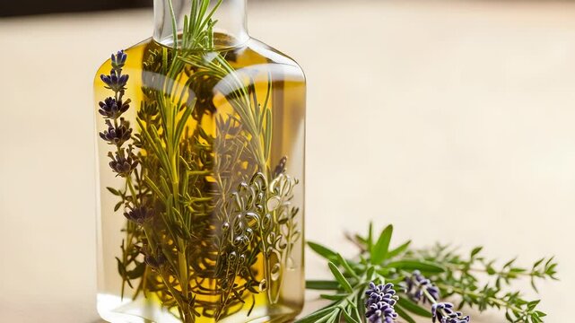 Herb Infused Oil in Clear Bottle with Rosemary and Lavender Sprigs on Cream Background