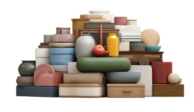 Stacked objects, various shapes & colors, home goods
