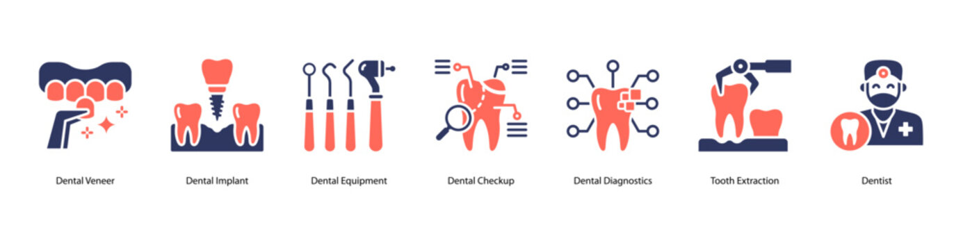Dental restoration web banner icon vector illustration with Dental Veneer, Dental Implant, Dental Equipment, Dental Checkup, Dental Diagnostics, Tooth Extraction, and Dentist.