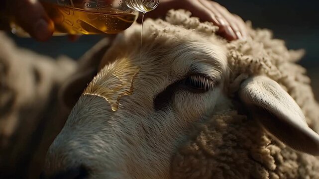 Spiritual Blessing: A close-up shot shows a hand pouring oil on a sheep's head, representing spiritual anointment, faith, and connection.