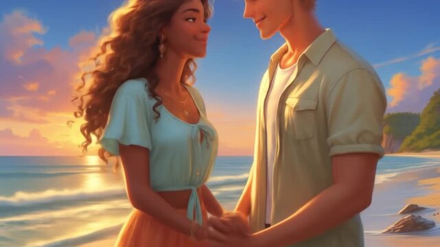 A couple holding hands on a beach at sunset with seagulls flying in the sky and island in distance
