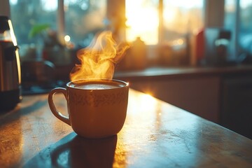 Young woman enjoying a cup of coffee while listening to music in her kitchen in the morning, relaxing and taking time to enjoy a peaceful start to the day, Generative AI