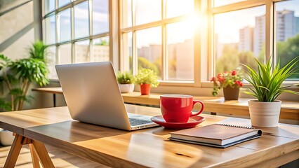 Fototapeta premium Laptop Coffee Cup and Notebook on Wooden Desk by Sunny Window