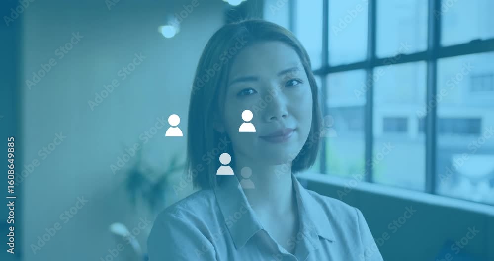 Poster executive sitting facing grid window, watching user-profile icon appearing then multiplying, fading