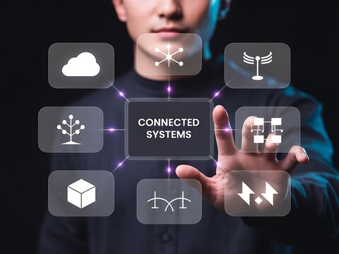 Businessman managing connected systems via a futuristic holographic interface. This concept represents digital transformation, the Internet of Things, cloud computing, and network infrastructure.