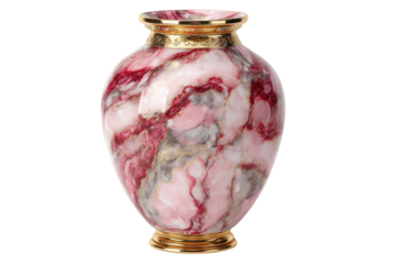 A pink and gray marbled urn vase with gold accents