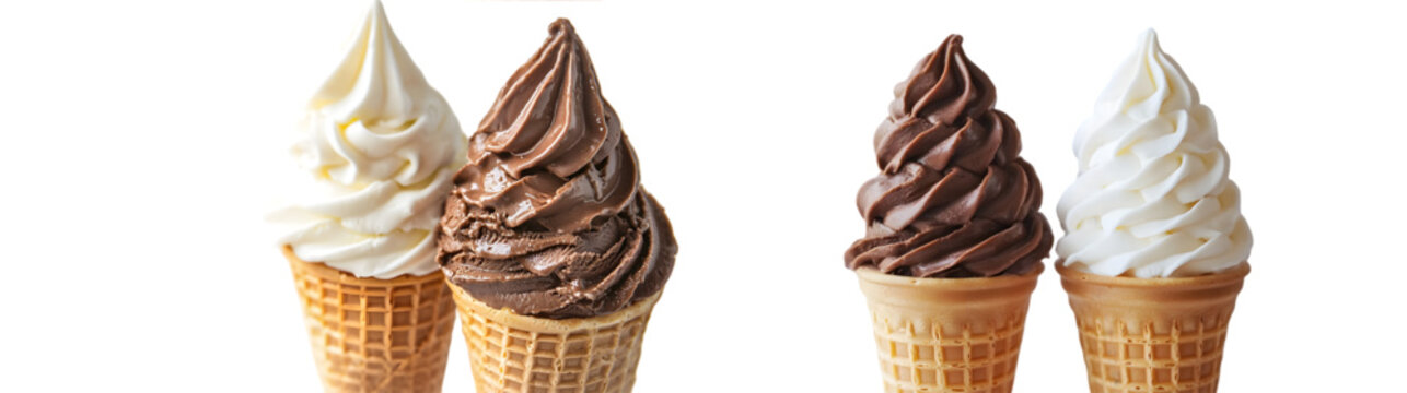 chocolate and vanilla swirl soft serve ice cream in waffle cone isolated on a transparent background