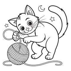 Cartoon cat playing with yarn ball under moon and stars