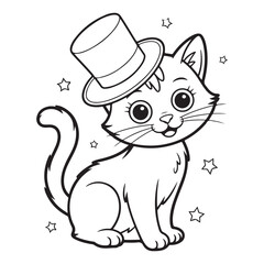 Cartoon cat wearing a top hat surrounded by stars outline