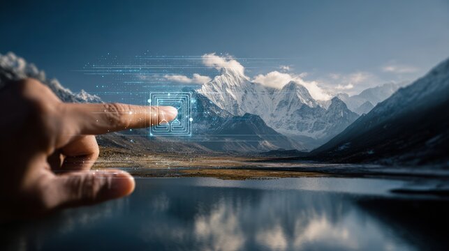 A hand interacts with a digital interface overlaying a mountain vista, touching a futuristic button