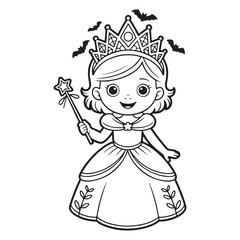 Cartoon princess with crown and bats coloring page style