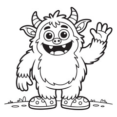Cartoon monster waving with horns and big smile line drawing