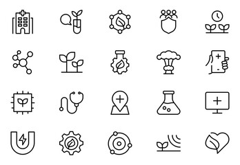 Biotechnology line icon set. Includes icons for scientific, innovation, scientist, experiment, microscope, interaction, science. Minimalis  vector icon and illustration.