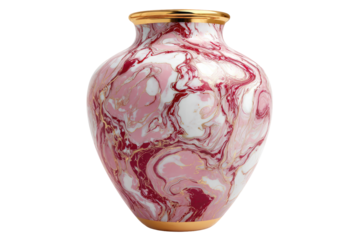 Pink and red marbled urn-shaped vase with gold trim