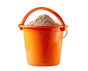 Orange plastic bucket filled with light brown sand