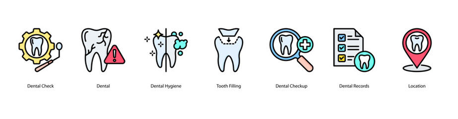 Routine dental check web banner icon vector illustration with Dental Check, Dental, Dental Hygiene, Tooth Filling, Dental Checkup, Dental Records, and Location.