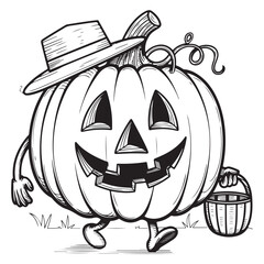Cartoon pumpkin wearing a hat and carrying a small basket
