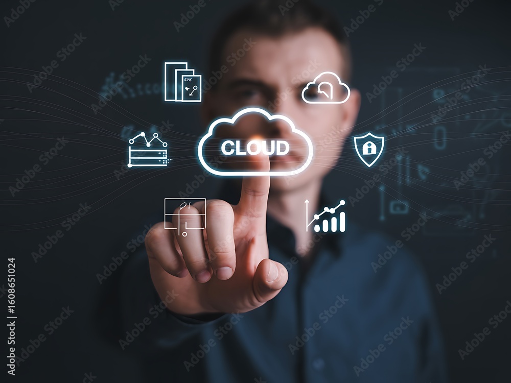 Poster a businessman points to a luminous cloud computing icon on a futuristic virtual interface, managing 