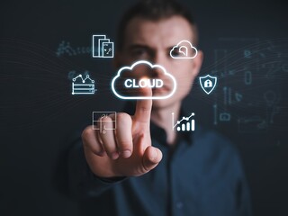 A businessman points to a luminous cloud computing icon on a futuristic virtual interface, managing digital data storage, server infrastructure, and network security for corporate development.