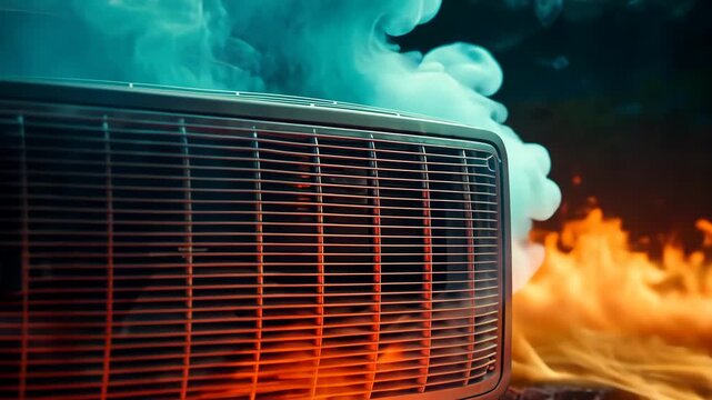 Air conditioner with smoke : An air conditioner enveloped by contrasting smoke, creating a dramatic visual narrative that evokes a sense of both heat and coolness. 