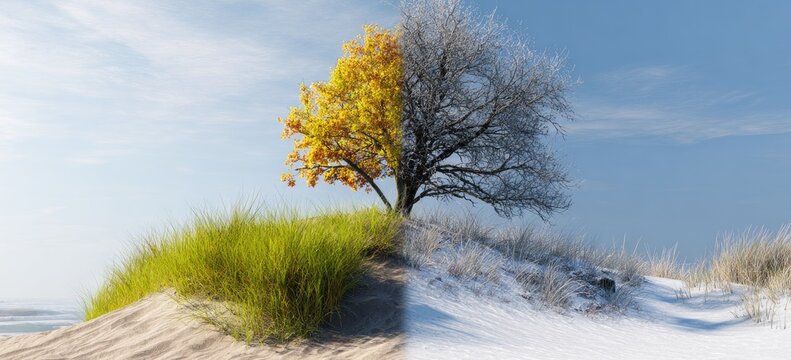 A tree on a sand dune, split between summer and winter