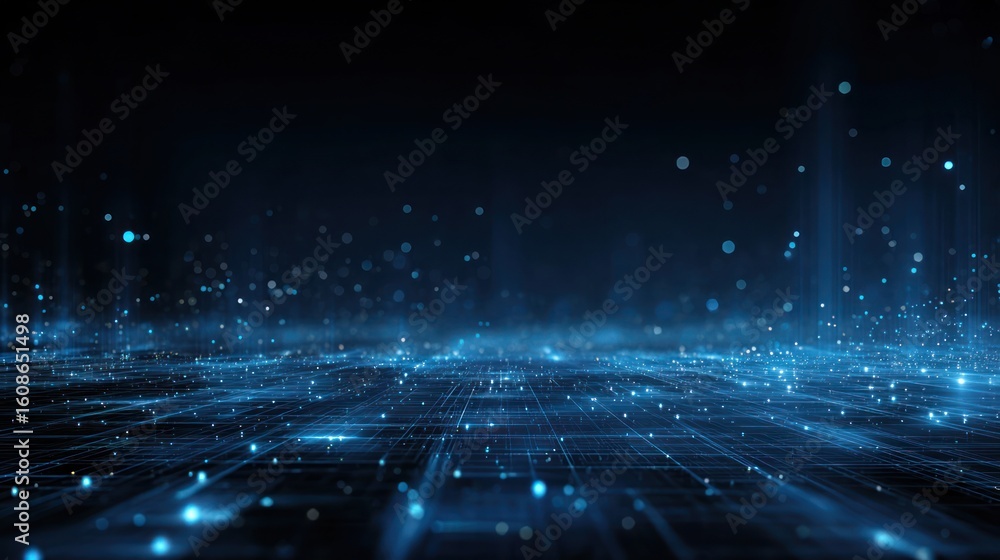 Poster abstract blue tech landscape with grid pattern and luminous particles over a dark backdrop
