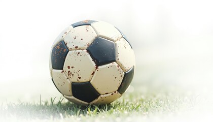 Obraz premium Well-Used Soccer Ball with Mud Splatters on a Brightly Lit Grassy Pitch