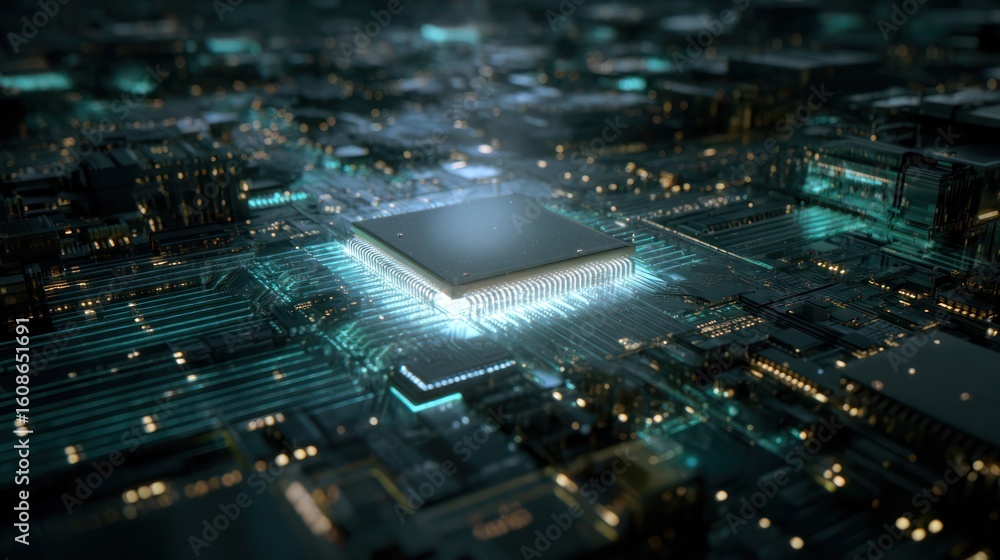 Aufkleber digital circuit board close-up with a focus on a central processing unit, glowing