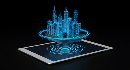 Ultra-modern holographic smart city hovering above a glowing white tablet at night