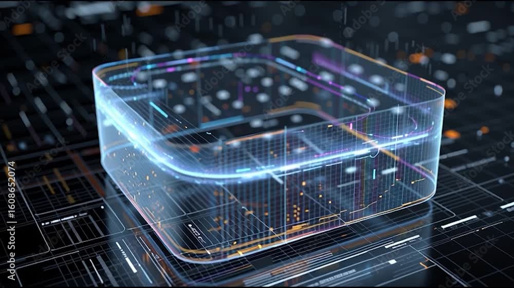 Poster a futuristic, transparent computer chip or processor glowing with digital light in a high-tech envir