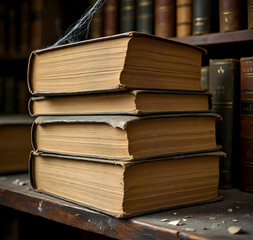 Fototapeta premium Stack of Aged Books with Cobweb