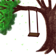 A big tree has a swing tied to it.