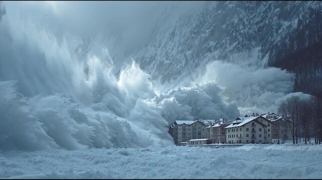 A massive avalanche cascades down a snowy mountain towards a village, engulfing everything in its path.
