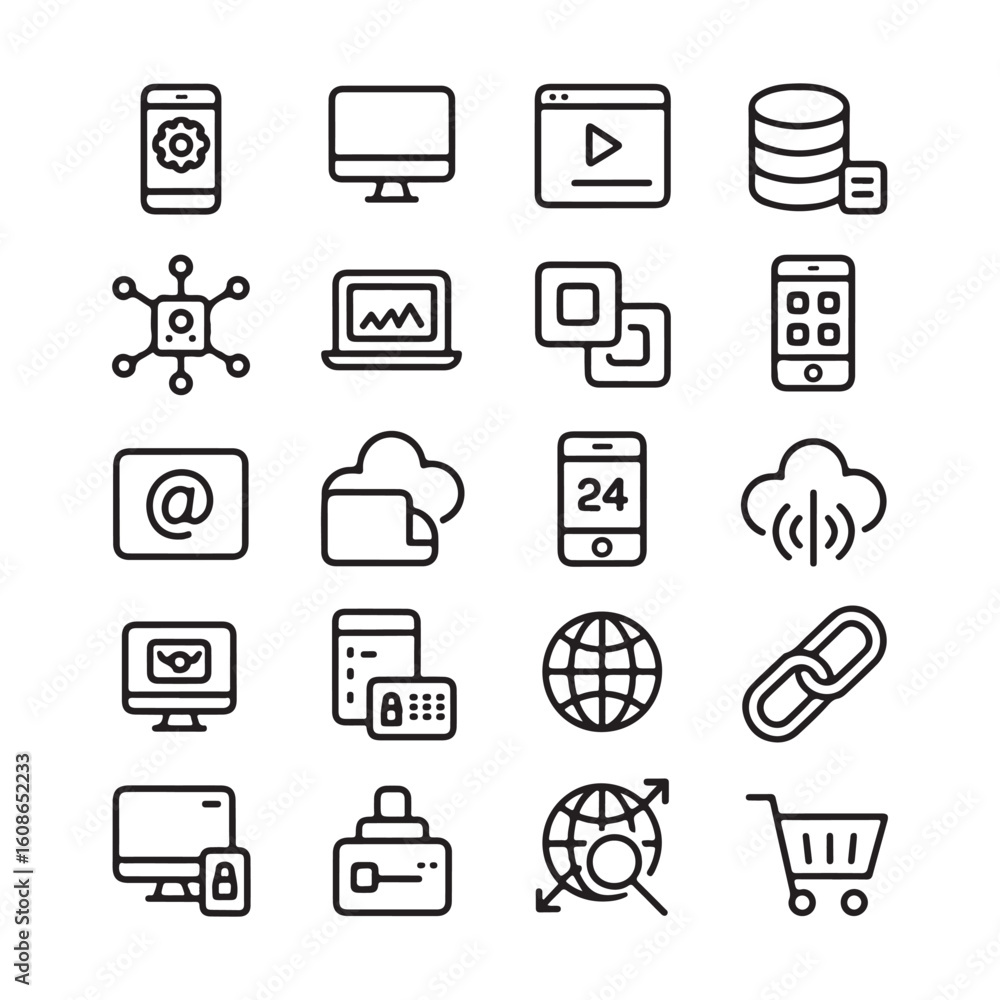 Poster technology and web icons line set