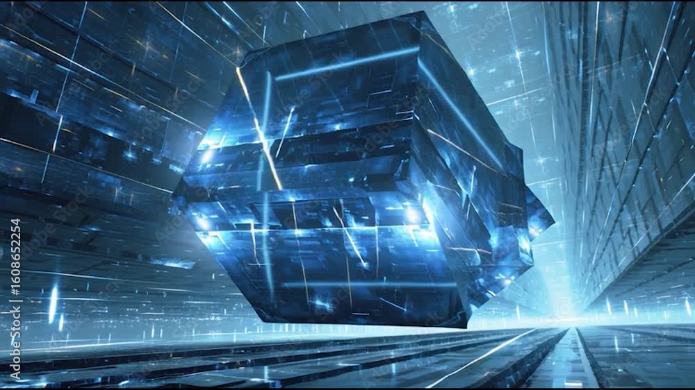Poster a large futuristic blue cube floats in a glowing digital or sci-fi environment with dynamic light ef