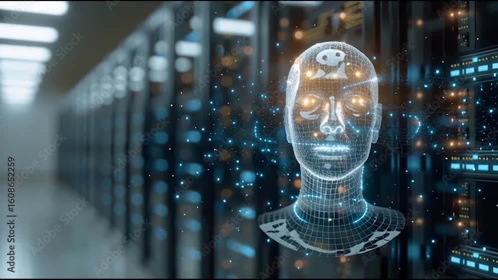 Poster a digital human head made of interconnected nodes and lights is shown in a server room, representing