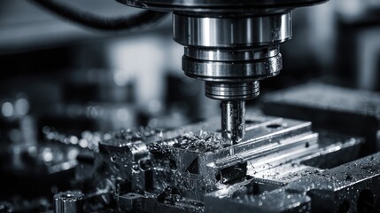 Macro shot of a CNC mill cutting metal, showing detail of the tool and work in progress