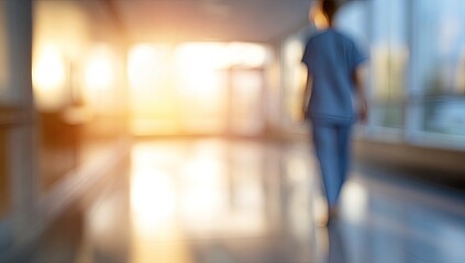 Blurred hospital hallway with a person walking