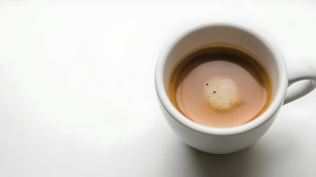 Top View of Coffee in White Ceramic Cup on White Surface With Clear Details and Close-Up Presentation