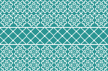 Intricate pixel-style floral and diamond pattern in teal. Inspired by traditional weaving, this seamless design is perfect for textiles, embroidery, wrapping paper, and digital prints.