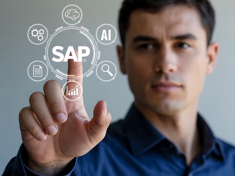Male executive interacts with a futuristic digital interface for an enterprise solutions platform. Showcasing business process automation, data analytics, and artificial intelligence integration.