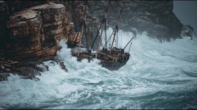 An old wooden shipwreck leans against rocky cliffs as powerful ocean waves crash around it.